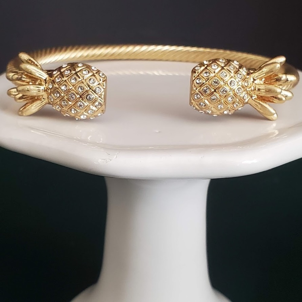 Gold Tone Pineapple Crystal Twisted Cable Cuff Bracelet 7 Inch